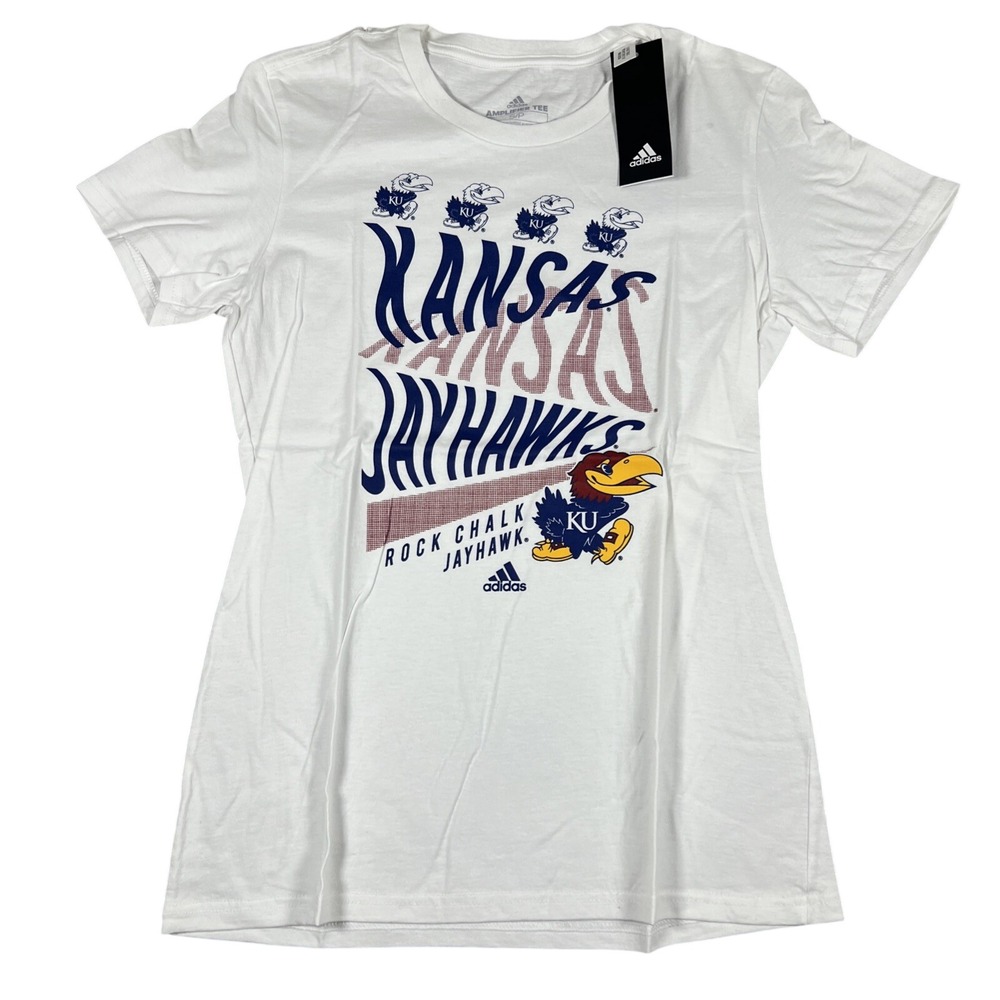 Adidas Kansas Jayhawks Women White Amplifier Graphic T-Shirt Small FK5427 NCAA